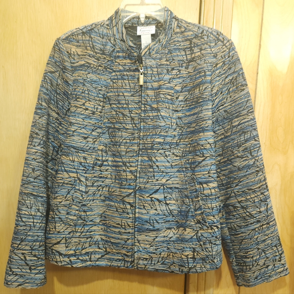 Vtg Renaissance Tapestry Jacket Womens Sz Lrg Blue Beige Black Woven Fabric